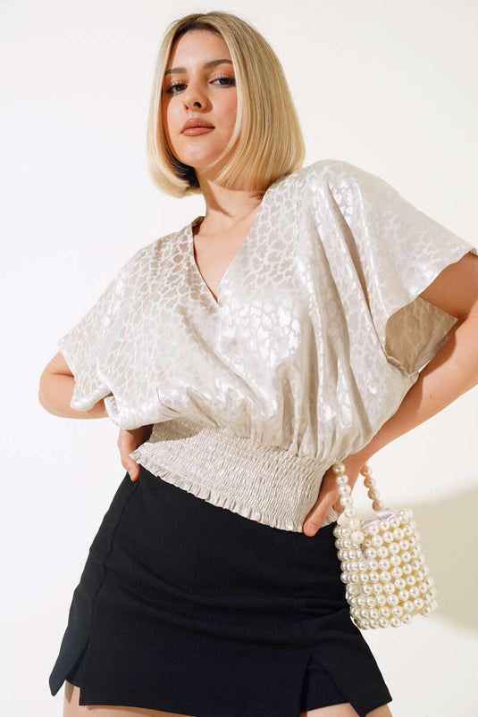 Beige Blouse with Belted Collar