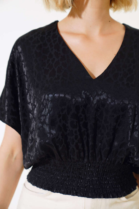 Black Blouse with Belted Collar