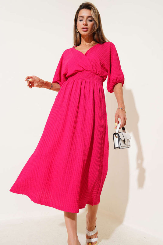 Waist-Trimmed Half-Sleeve Crinkle Midi Dress Fuchsia