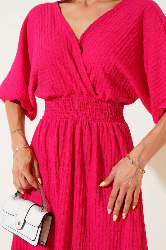 Waist-Trimmed Half-Sleeve Crinkle Midi Dress Fuchsia