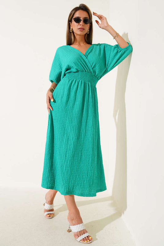 Waist-Gipeli Half-Sleeve Crinkle Midi Dress Green