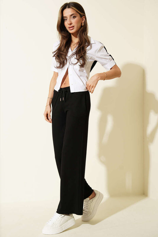 Black Wide-Leg Pants with Waist Drawstring