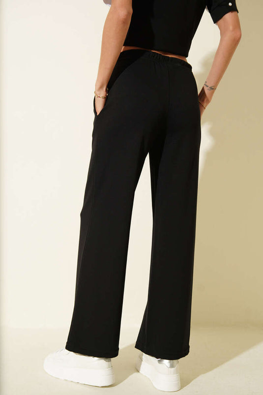 Black Wide-Leg Pants with Waist Drawstring