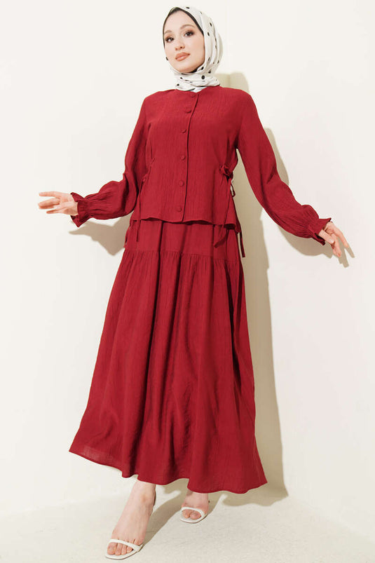 Burgundy Two-Piece Set with Waist Tie and Skirt