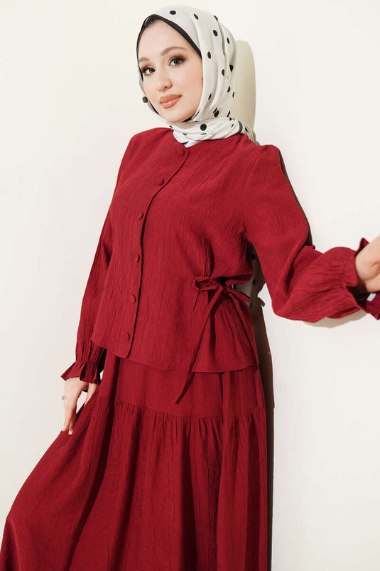 Burgundy Two-Piece Set with Waist Tie and Skirt