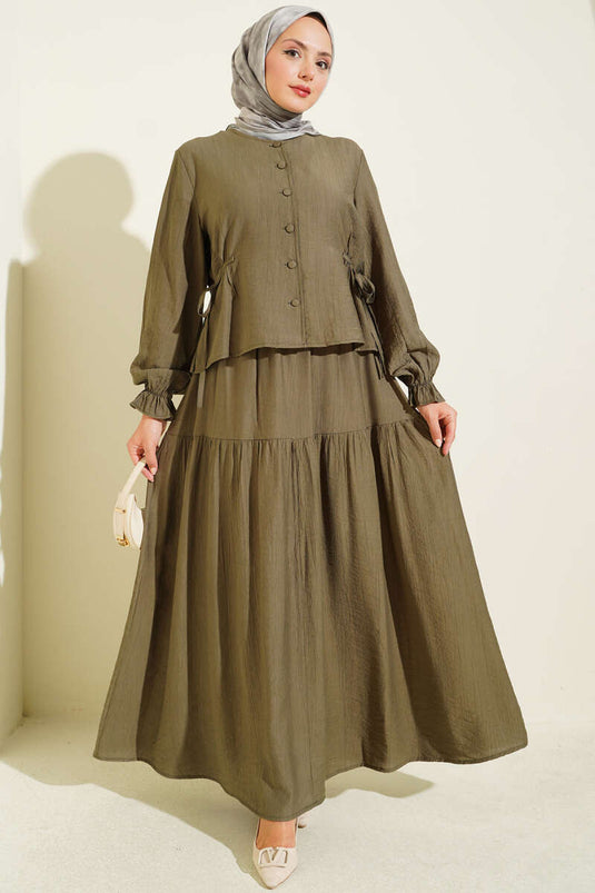 Zwei-Teiliger Set Mit Gürtel Und Bindeband In Dunkel Khaki