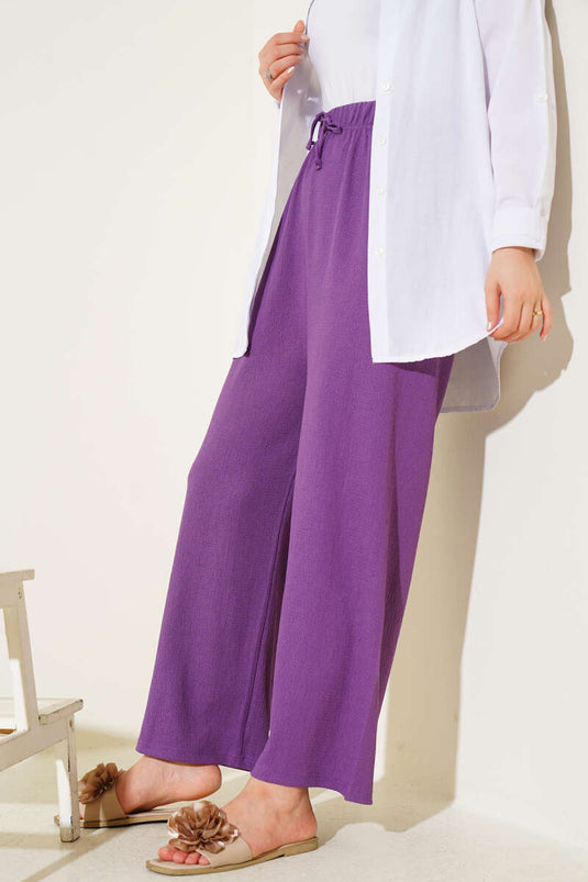 Bel İp Detaylı Bürümcük Pantolon Lila