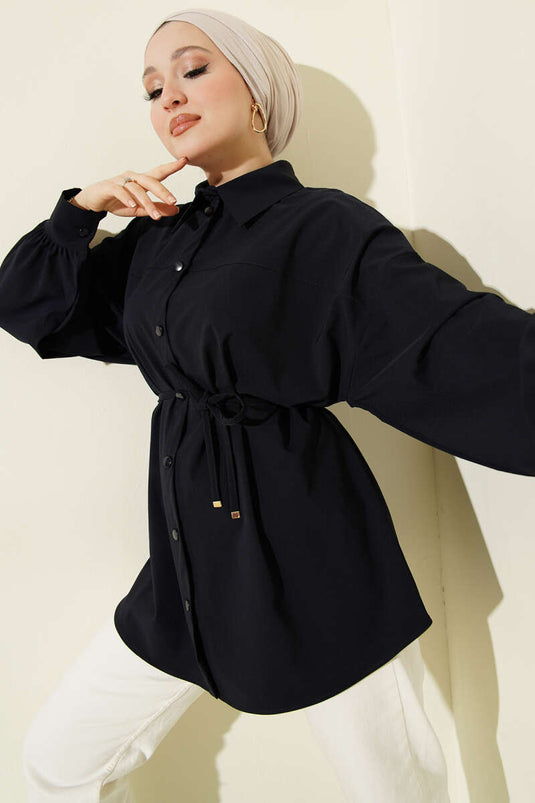 Chemise à épaules tombantes avec cordon à la taille, bleu marine