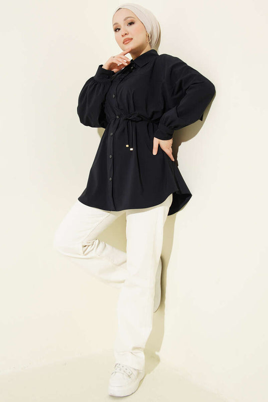 Chemise à épaules tombantes avec cordon à la taille, bleu marine