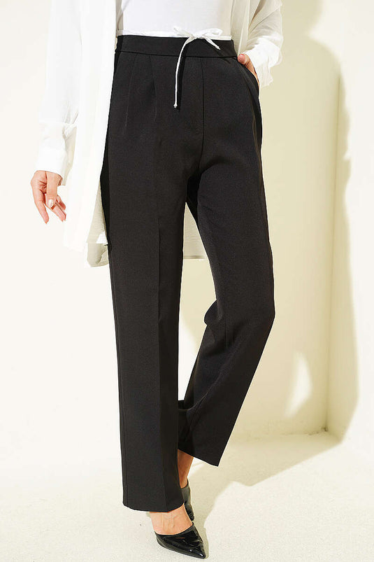 Pantalones De Tela Con Cordón Negro