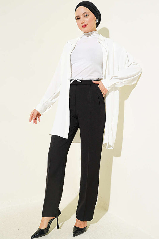 Pantalones De Tela Con Cordón Negro
