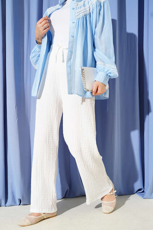 Waist Drawstring Embossed Trousers White