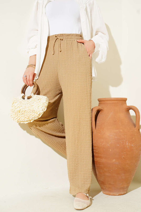 Bel İpli Kabartmalı Pantolon Camel