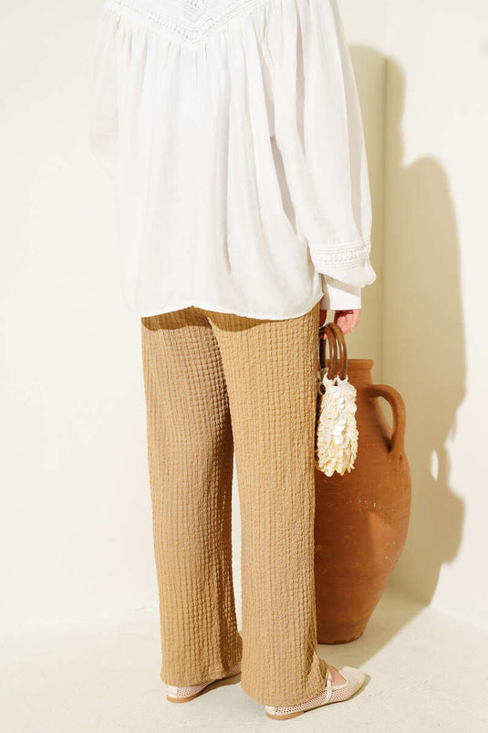 Bel İpli Kabartmalı Pantolon Camel
