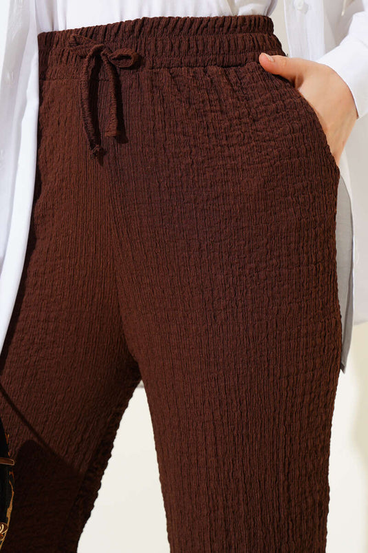 Drawstring Waist Embossed Trousers, Brown