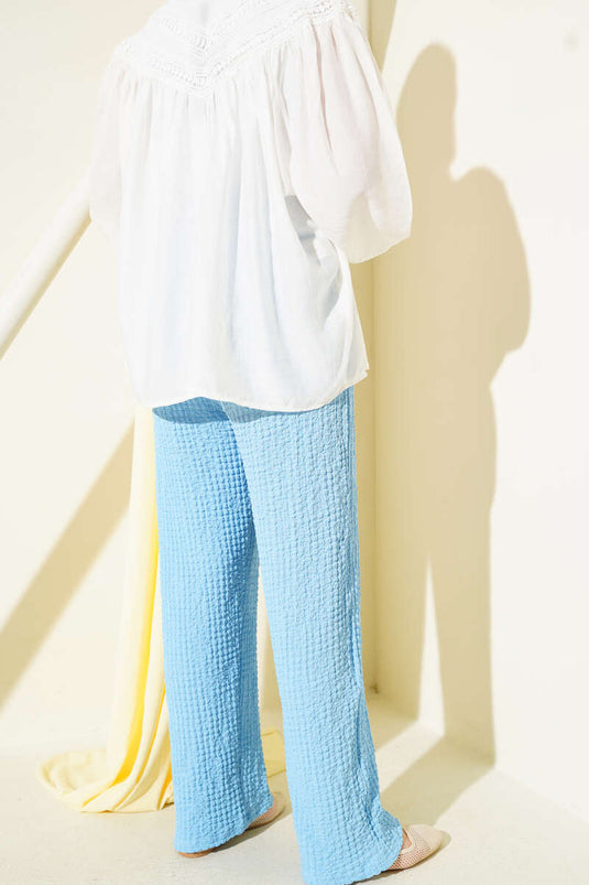 Bel İpli Kabartmalı Pantolon Mavi