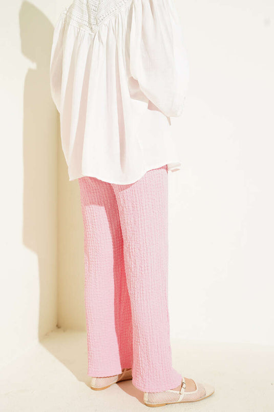 Embossed Waist Drawstring Trousers Pink