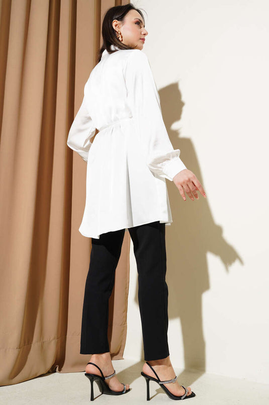 Taille Trekkoord Schouder Geplooid Shirt Ecru