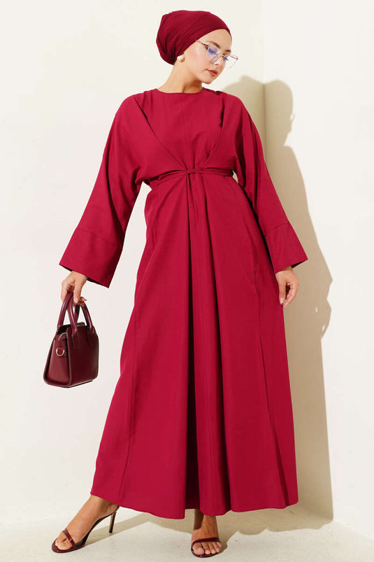 Oversize Basic Dress with Waist Drawstring, Burgundy