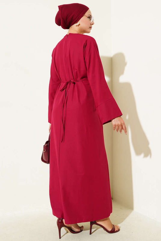 Oversize Basic Dress with Waist Drawstring, Burgundy