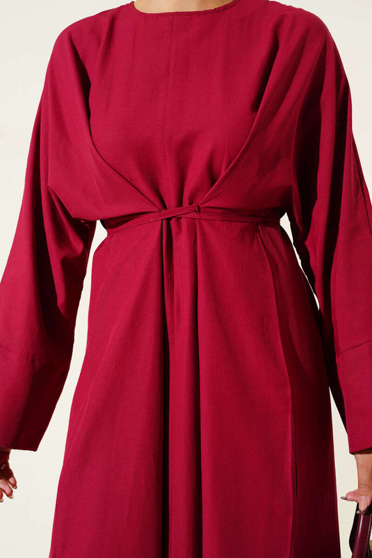 Oversize Basic Dress with Waist Drawstring, Burgundy