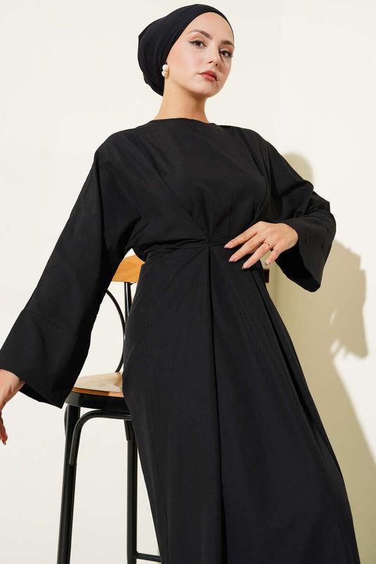 Bel İpli Oversize Basic Elbise Siyah