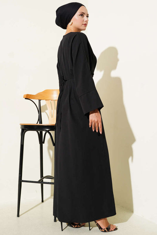 Bel İpli Oversize Basic Elbise Siyah
