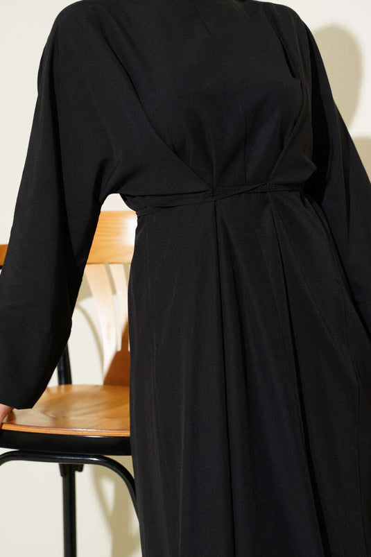 Bel İpli Oversize Basic Elbise Siyah