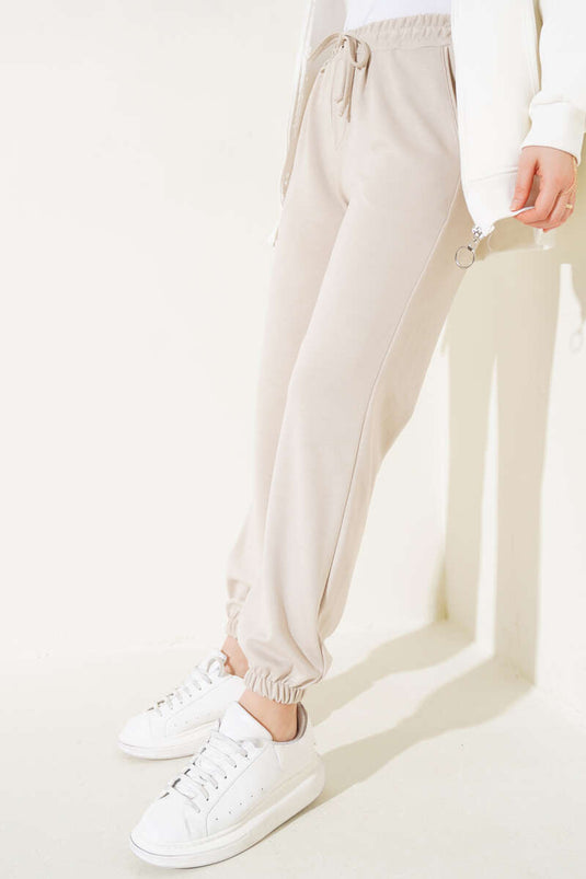 Belted Cuffed Elastic Waist Jogger Pants Beige