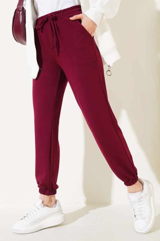 Belted Cuffed Elastic Waist Jogger Pants Burgundy