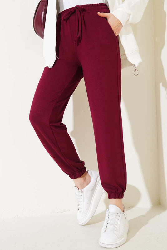 Belted Cuffed Elastic Waist Jogger Pants Burgundy