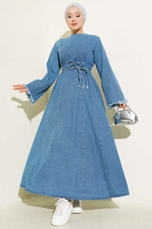 Waist Drawstring Tassel Detail Denim Dress Light Blue