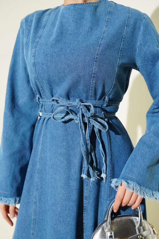 Waist Drawstring Tassel Detail Denim Dress Light Blue