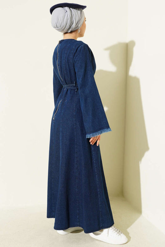 Waist Drawstring Tassel Detail Denim Dress Blue