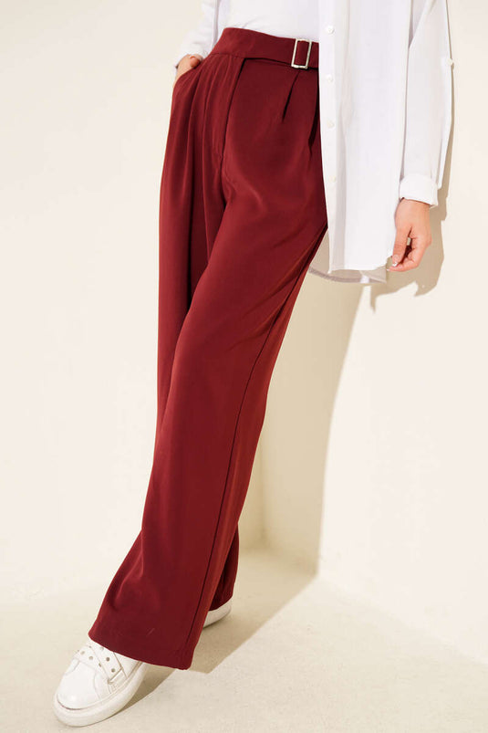Bel Kemer Tokalı Palazzo Pantolon Bordo