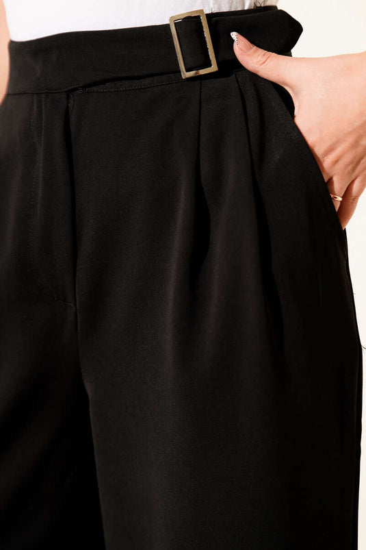 Bel Kemer Tokalı Palazzo Pantolon Siyah
