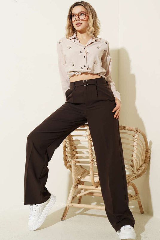 Pantaloni larghi plissettati con cintura Bel Kemerli marrone