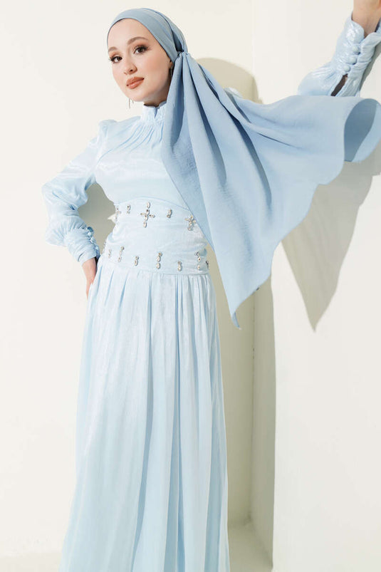 Evening Dress with Stone-Studded Waist Corset Detail Baby Blue