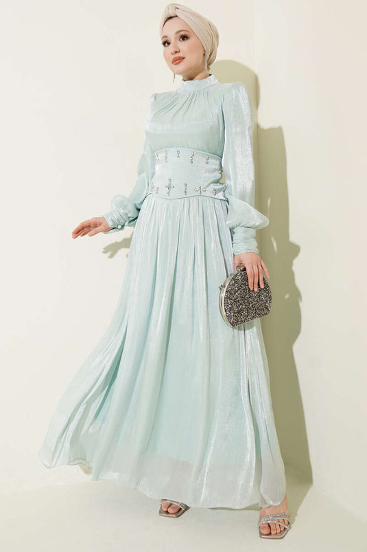 Abendkleid mit Taillenkorsett und Steinbesatz in Mint