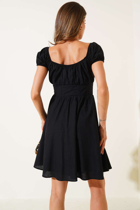Waist Corset Button Detail Mini Dress Black