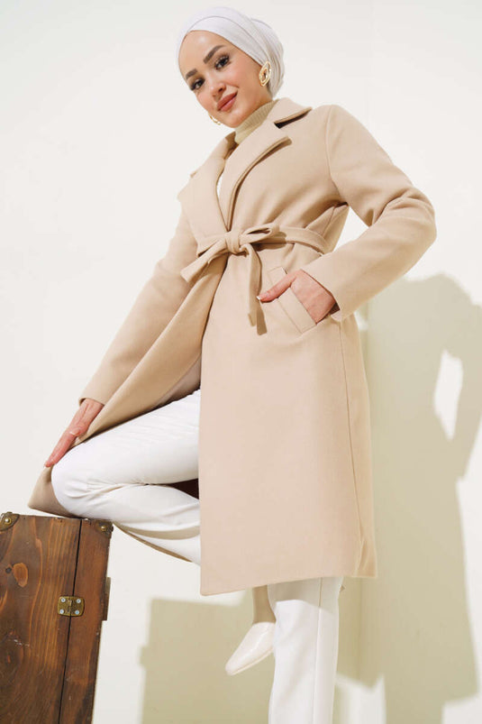 Manteau Cajou Doublé Ceinturé à Taille Beige