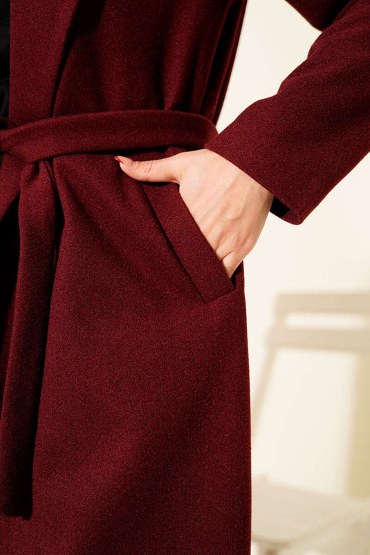 Waist Belted Lined Cashmere Coat Burgundy