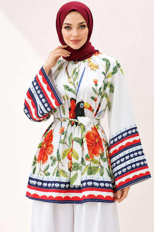 Beige Belted Floral Patterned Tunic