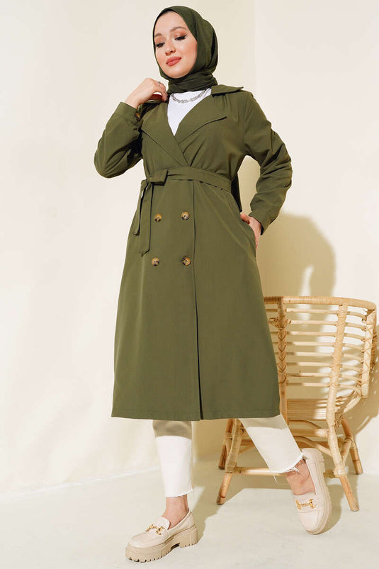 Belted Buttoned Trench Coat Khaki