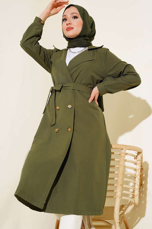 Belted Buttoned Trench Coat Khaki