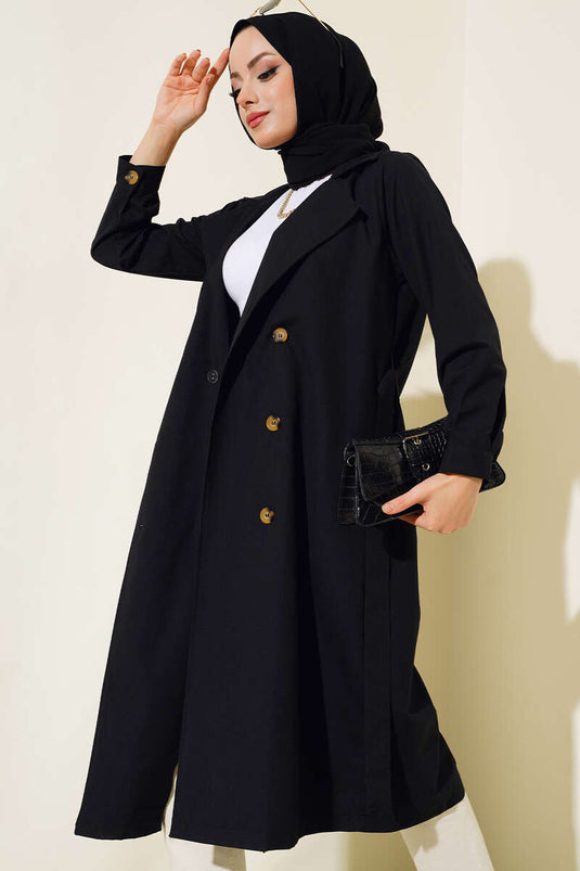 Black Belted Buttoned Trench Coat