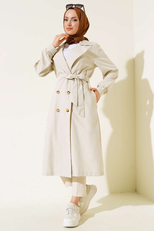 Belted Buttoned Trench Coat Stone