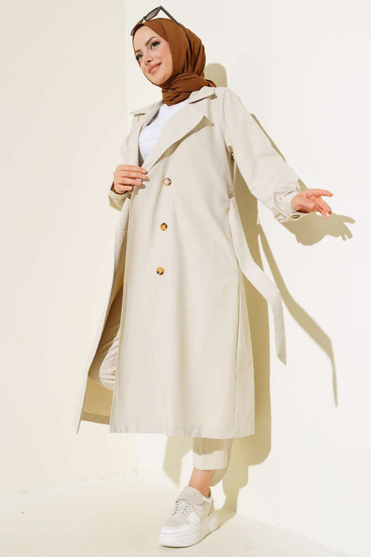 Belted Buttoned Trench Coat Stone