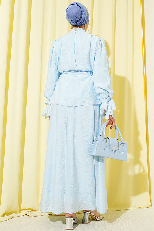 Ensemble Deux Pièces Modeste avec Jupe à Ceinture Blanche Bleu