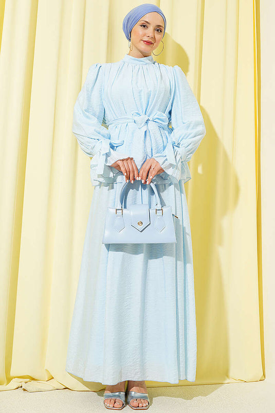Ensemble Deux Pièces Modeste avec Jupe à Ceinture Blanche Bleu